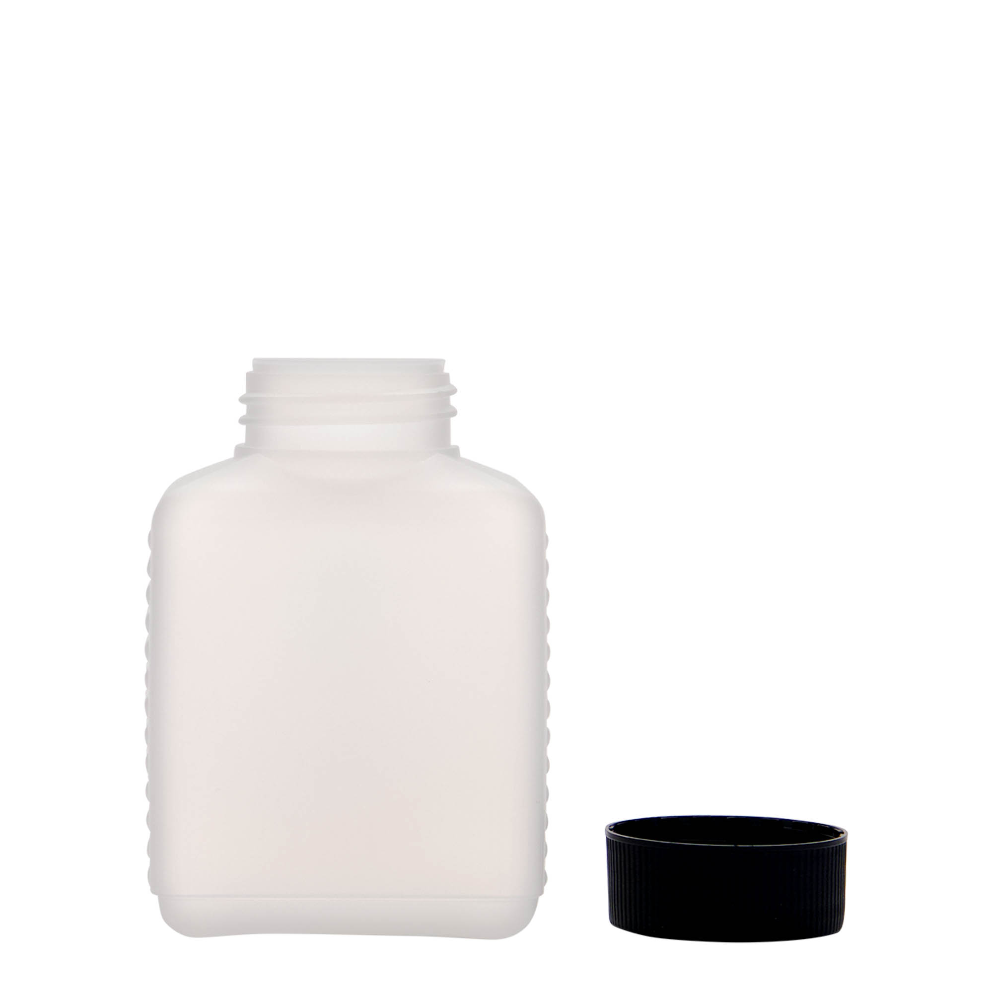 250 ml széles nyakú palack, téglalap alakú, HDPE műanyag, természetes, nyílás: DIN 40 EPE