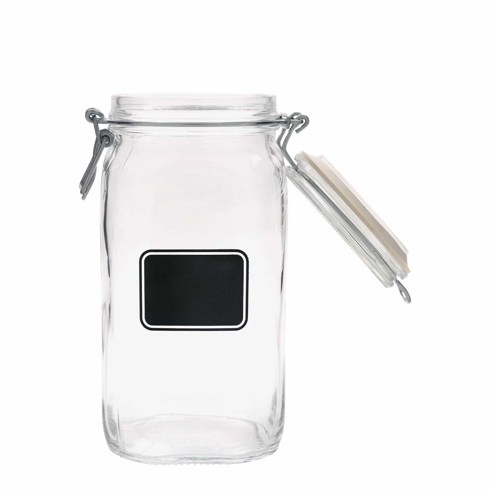 1500 ml-es fémcsatos üveg 'Fido', motívum: Címkemező, négyzet alakú, szájnyílás: fémcsatos zár