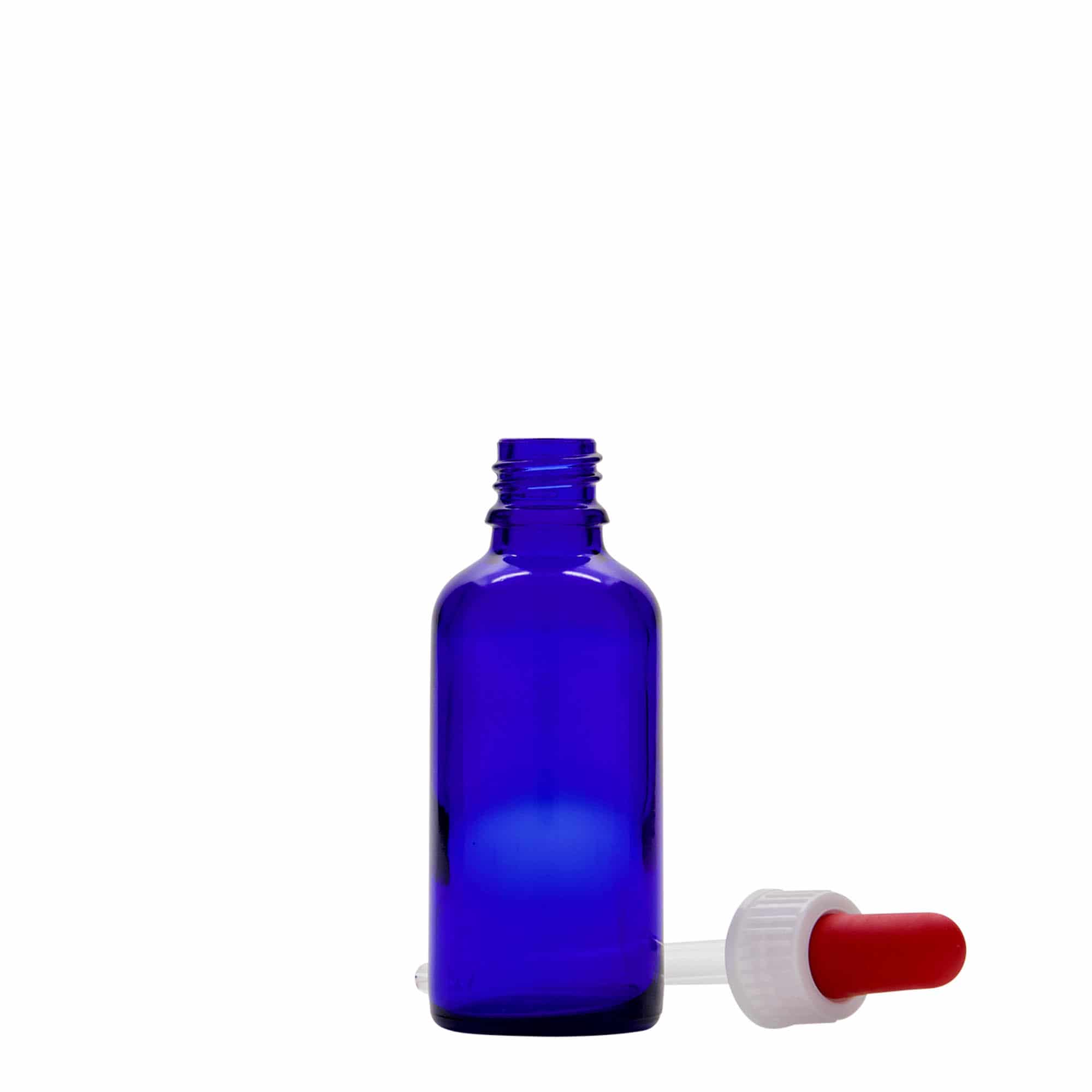 50 ml-es pipettás patikai üveg, üveg, királykék-piros, szájnyílás: DIN 18