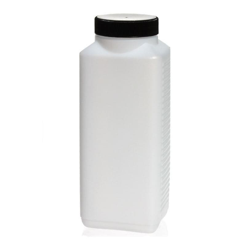 1000 ml-es széles nyakú palack, négyszögletű, HDPE-műanyag, natúr, szájnyílás: DIN 60 EPE