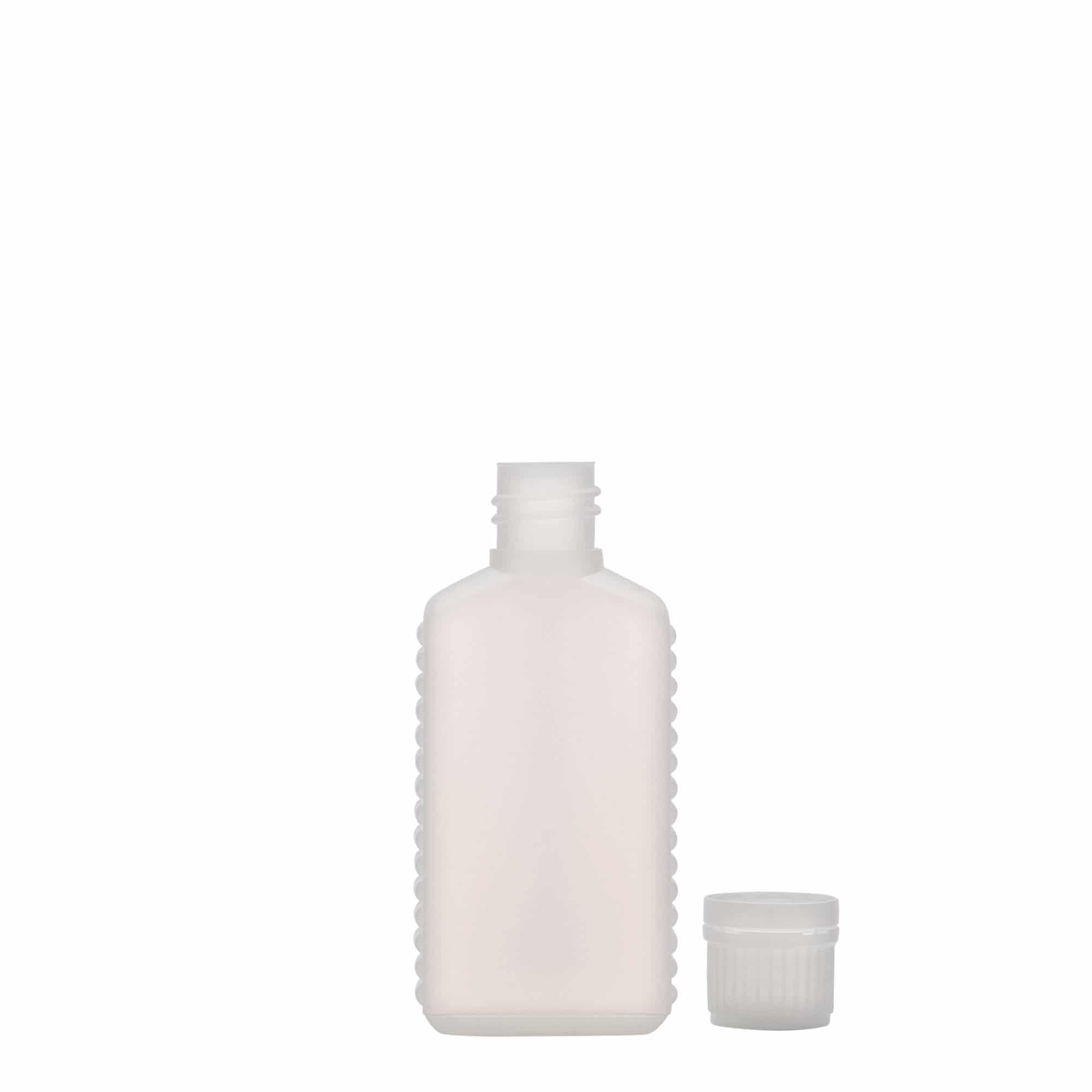 50 ml kannaüveg keskeny nyakkal, téglalap alakú, HDPE műanyag, természetes, nyílás: DIN 18