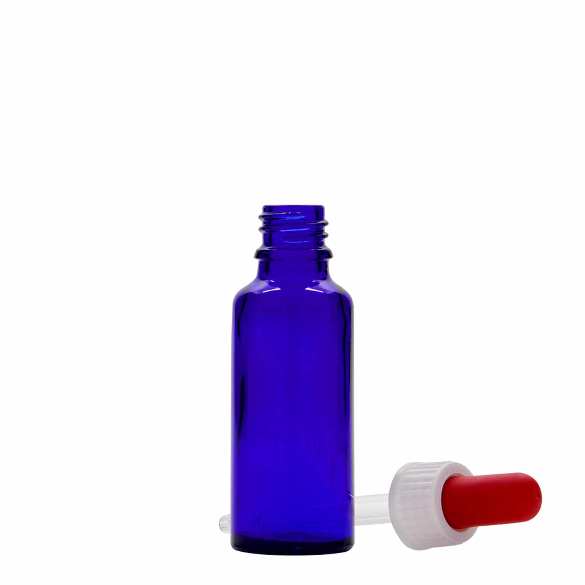 30 ml-es pipettás patikai üveg, üveg, királykék-piros, szájnyílás: DIN 18